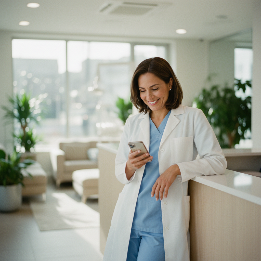 Dentist showing practice website in clinic lobby